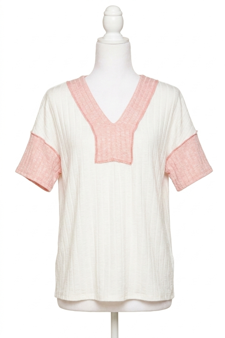 NEW HAPTICS vneck short sleeve top with pink detail in white